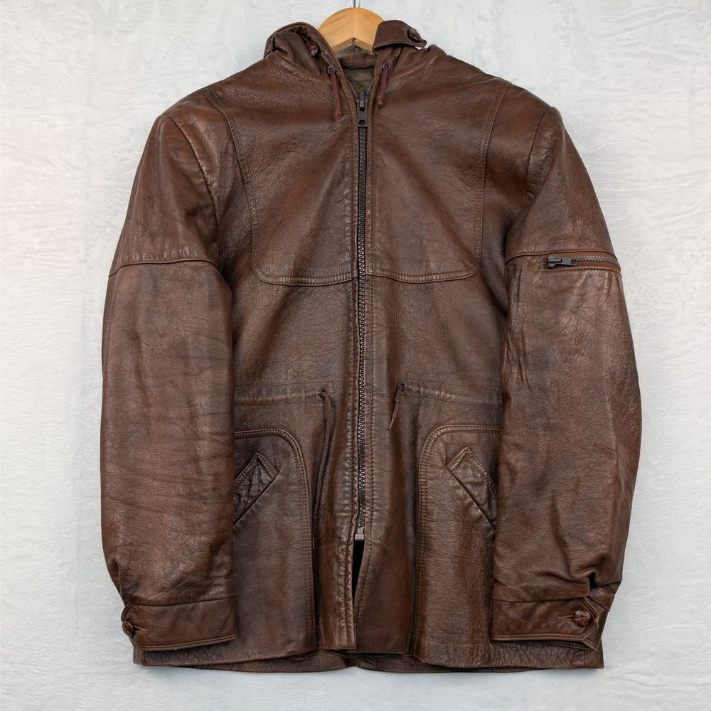 VTG Grais Jacket Men's L Brown Hooded Full Zip Angel Skin Cabretta Leather 70s
